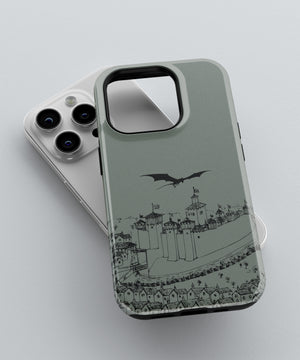 Phone case with a design of a castle and dragon on a gray background