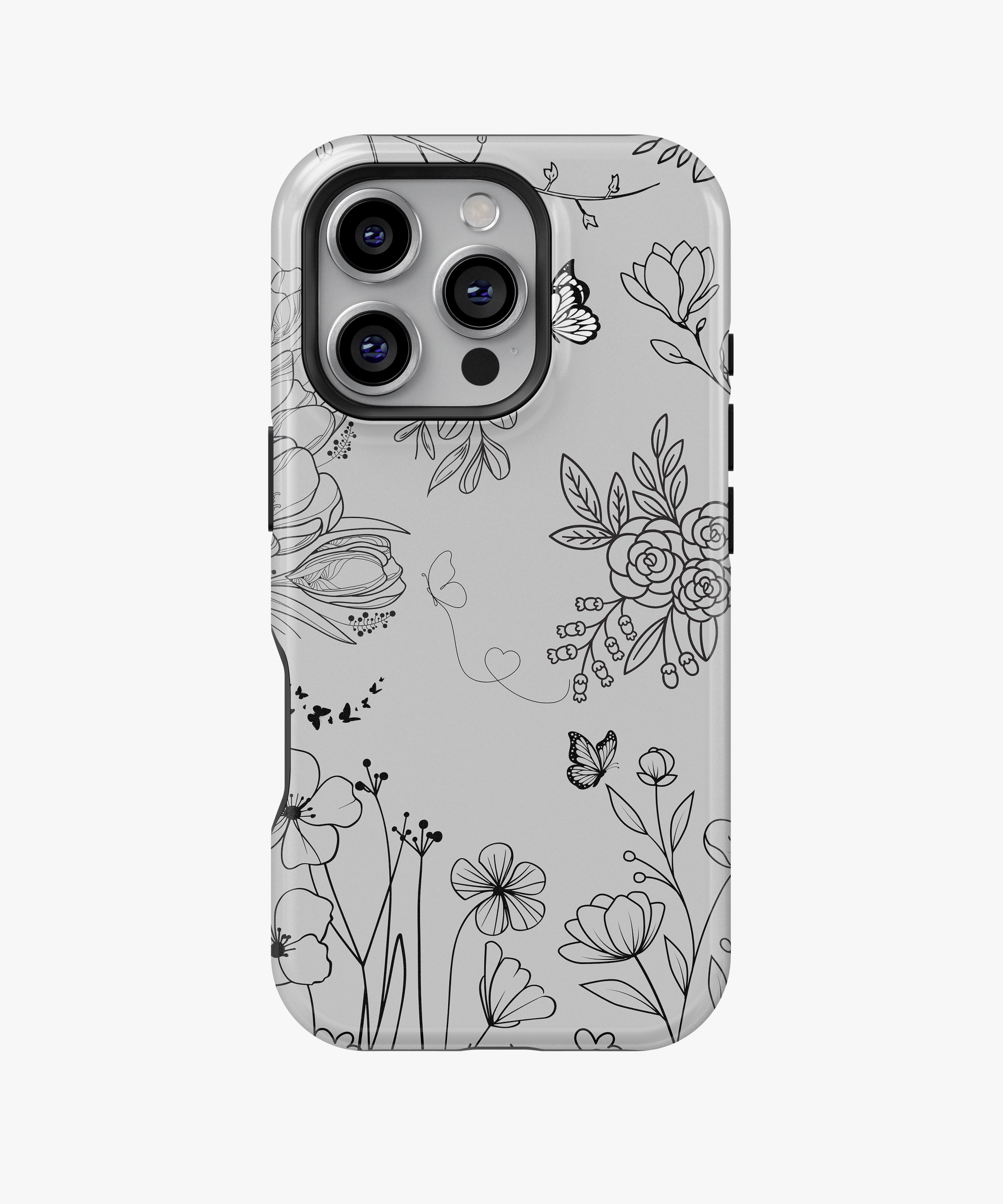 Minimal Line Art Floral Phone Case – Black Flowers on Grey