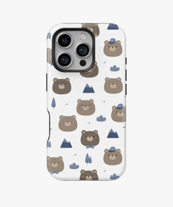 Kawaii Bear Camper Phone Case – Cute Brown Bears, Mountains and Trees on White