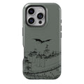 Phone case with a dragon and castle design on a gray background