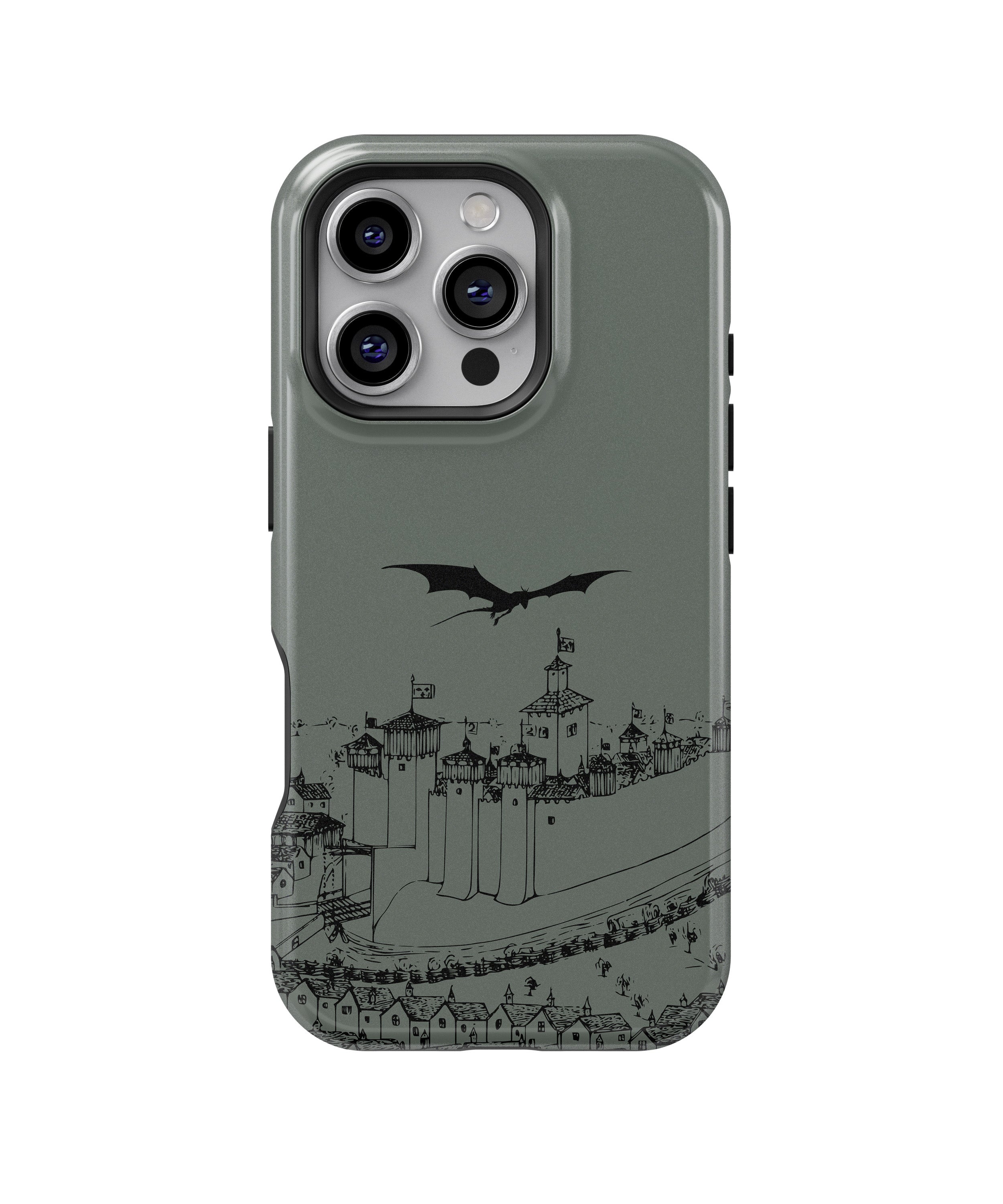 Phone case with a dragon and castle design on a gray background