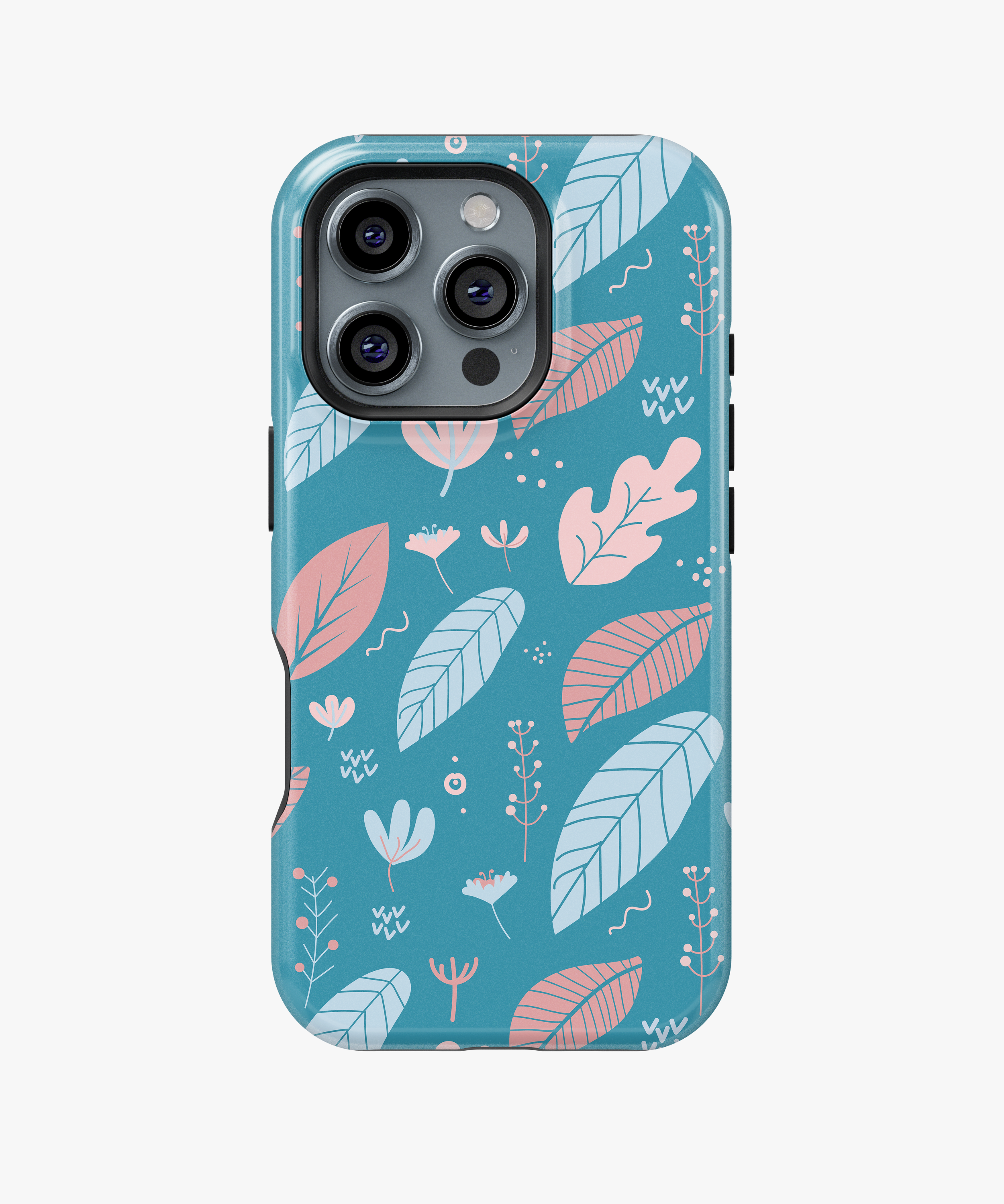 Teal Botanical Phone Case – Pastel Leaves and Flowers