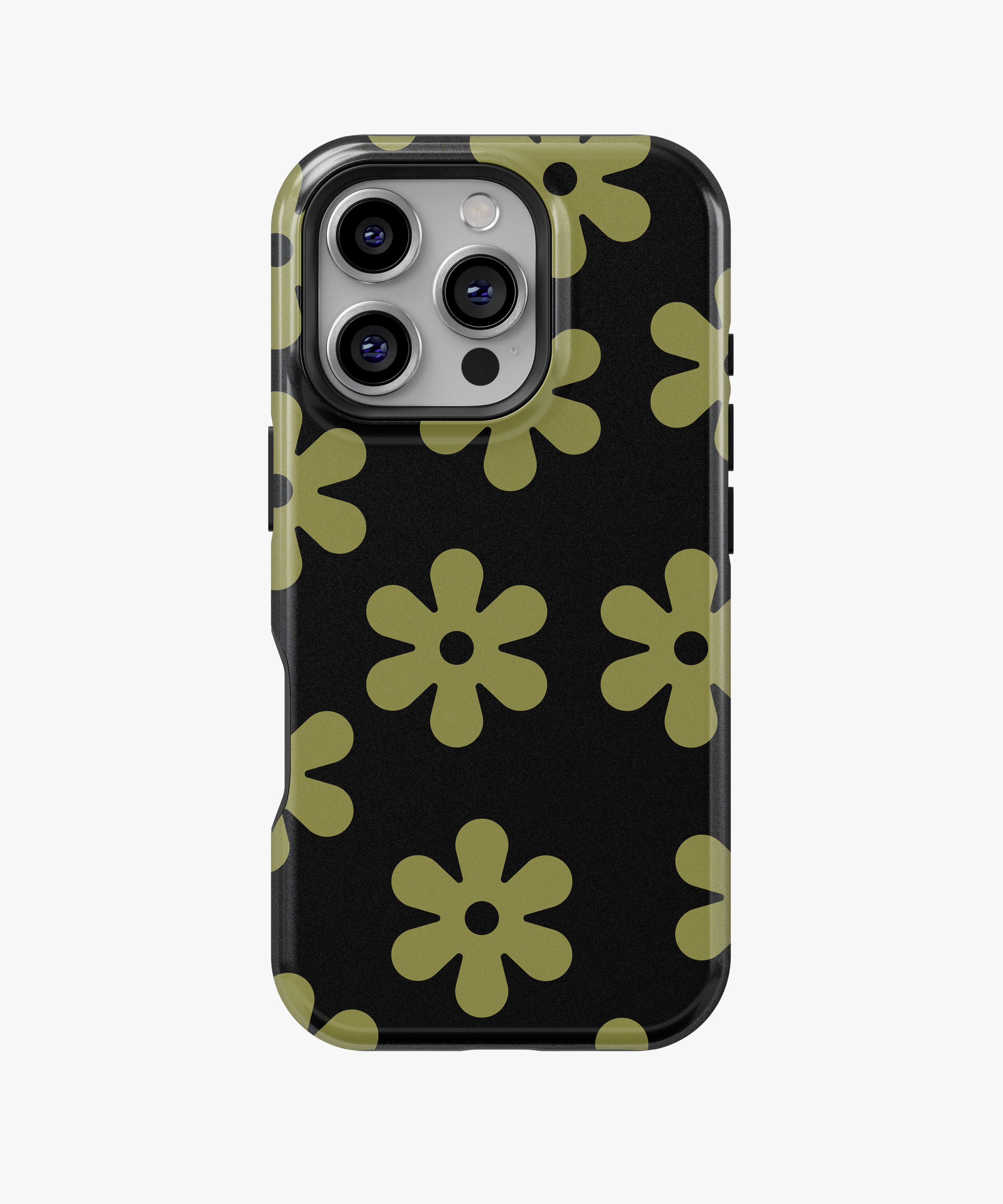 Retro Flower Phone Case – Olive Daisy Pattern on Black