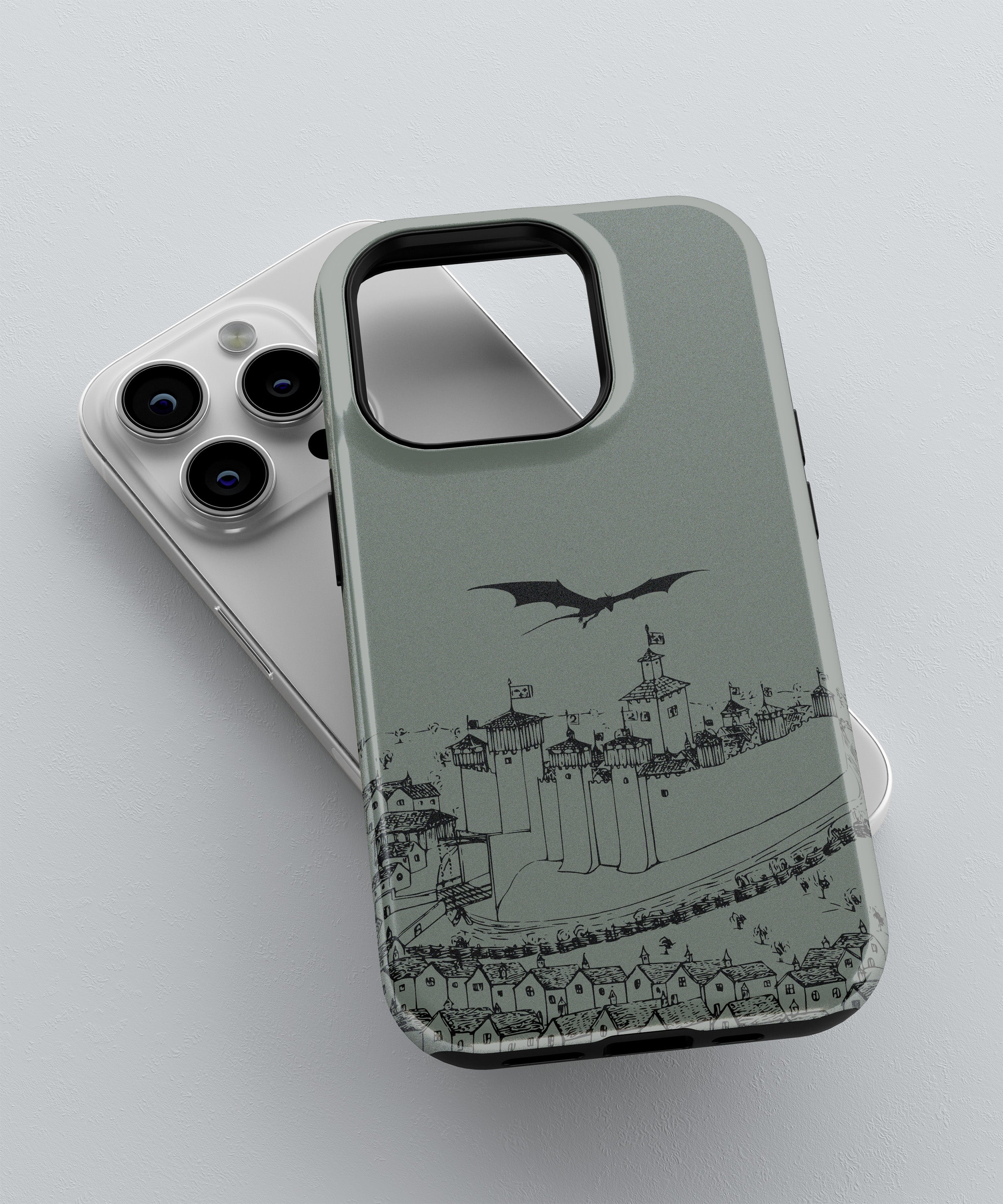 Phone case with a design of a castle and dragon on a gray background